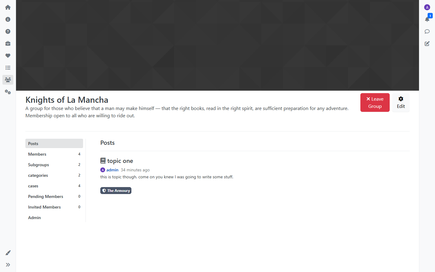 A group page with its sidebar tabs